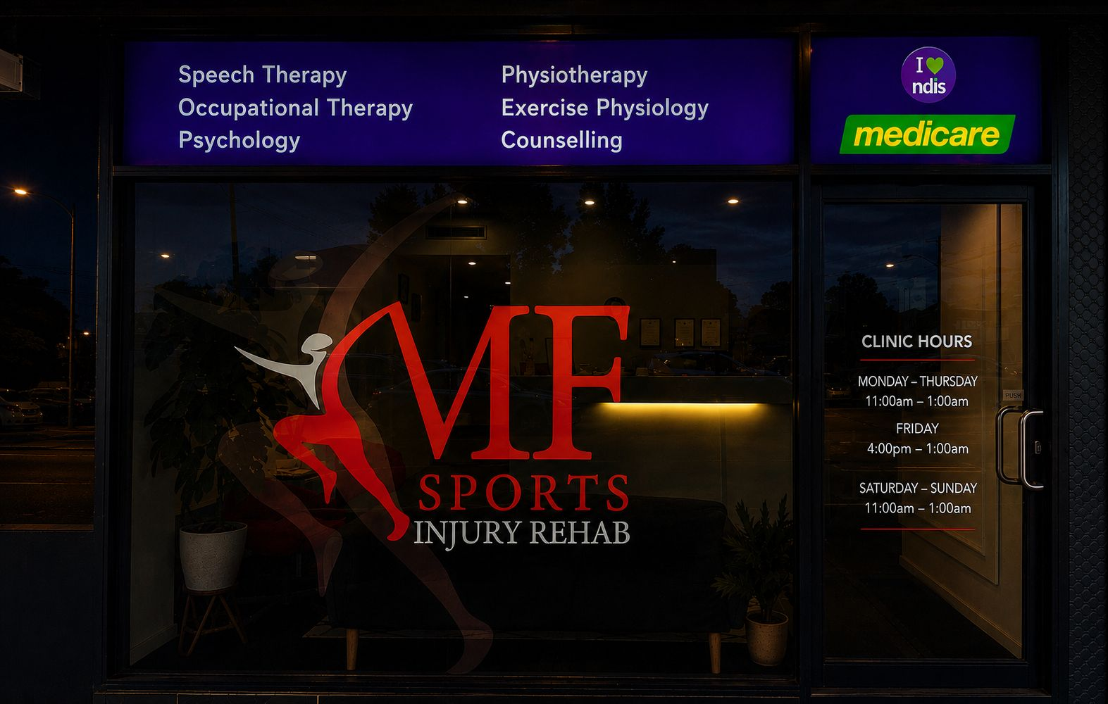 MF Sports Injury Rehab storefront at night, Yagoona
